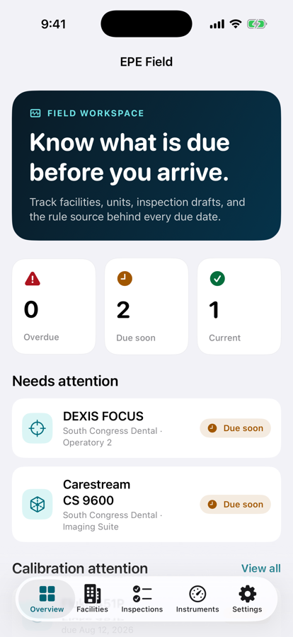 Overview screen: zero overdue, two due soon, one current, with a Needs attention list of X-ray units.