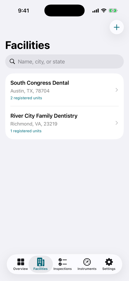 Facilities list with two dental practices, their cities, and the number of registered X-ray units at each.