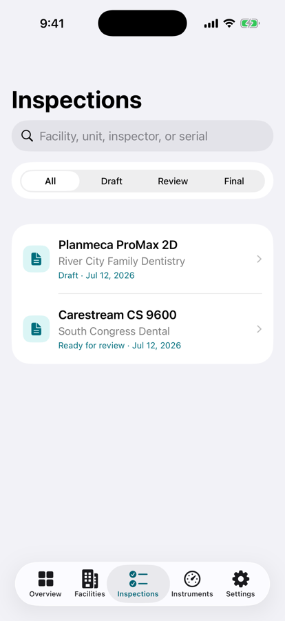 Inspections list filtered by All, Draft, Review, and Final, showing two inspections in progress.