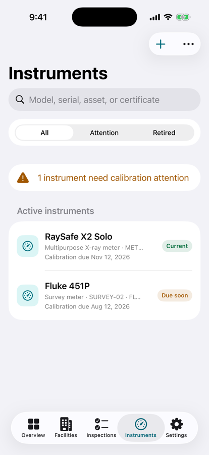 Instruments list with calibration due dates and Current and Due soon status chips, plus a calibration attention banner.