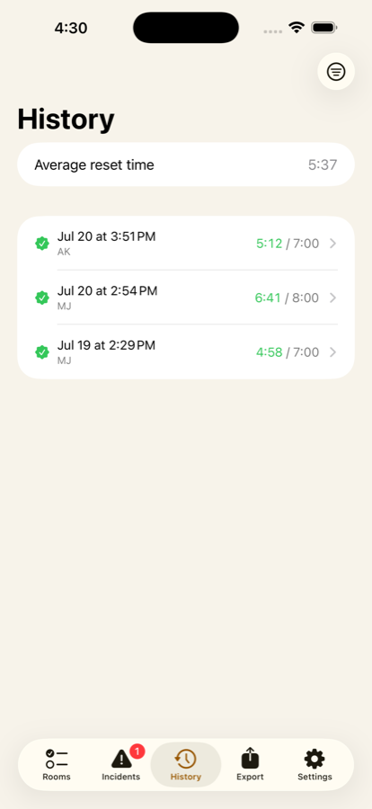 Reset history listing past runs with durations against target and who signed them off.