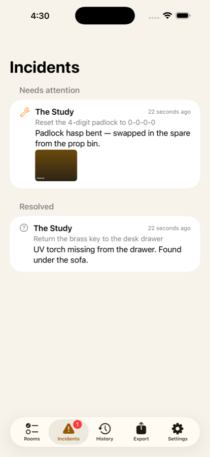 Incidents screen listing reported missing and broken props with photos.