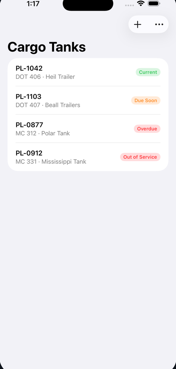 Cargo Tanks list showing four trailers with their specification and manufacturer, each tagged Current, Due Soon, Overdue, or Out of Service.