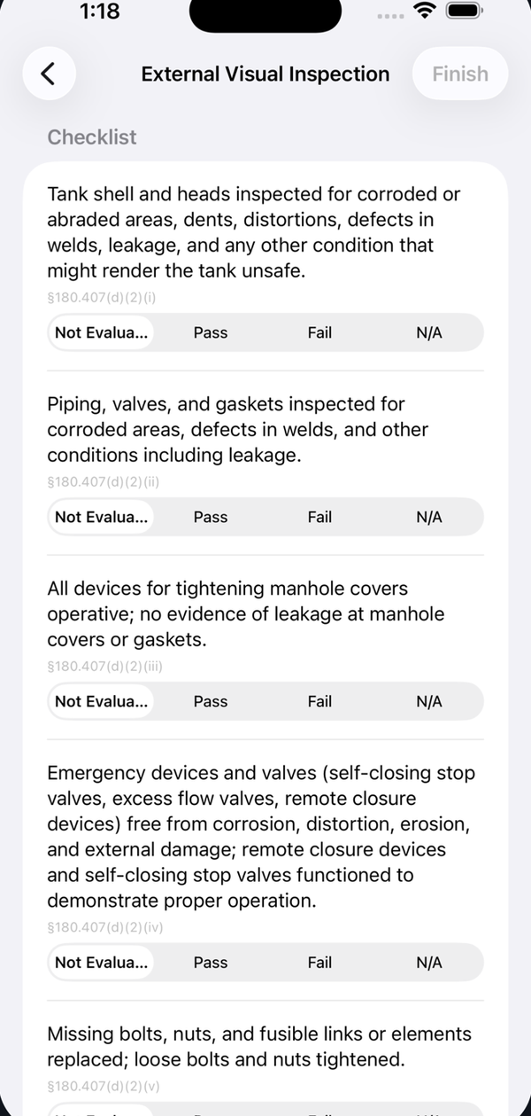 Guided External Visual Inspection checklist, each item quoting its regulation paragraph with Not Evaluated, Pass, Fail, and N/A options.