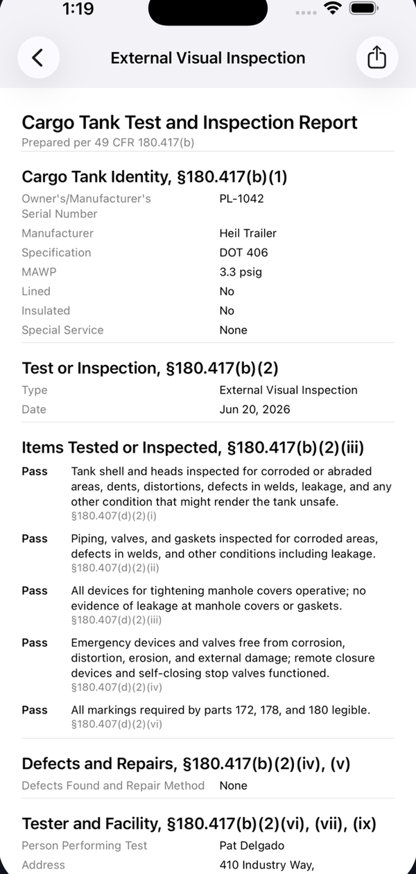 Cargo Tank Test and Inspection Report prepared per 49 CFR 180.417(b), with identity, test, items tested, defects and repairs, and tester sections.