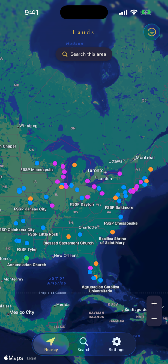 Map showing nearby Traditional Latin Mass locations