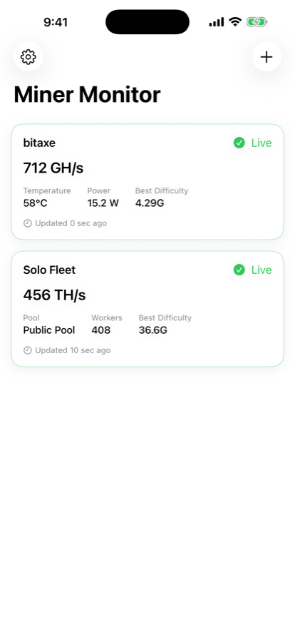 Miner Monitor dashboard with a bitaxe card at 712 GH/s and a Solo Fleet card at 456 TH/s, both marked Live.