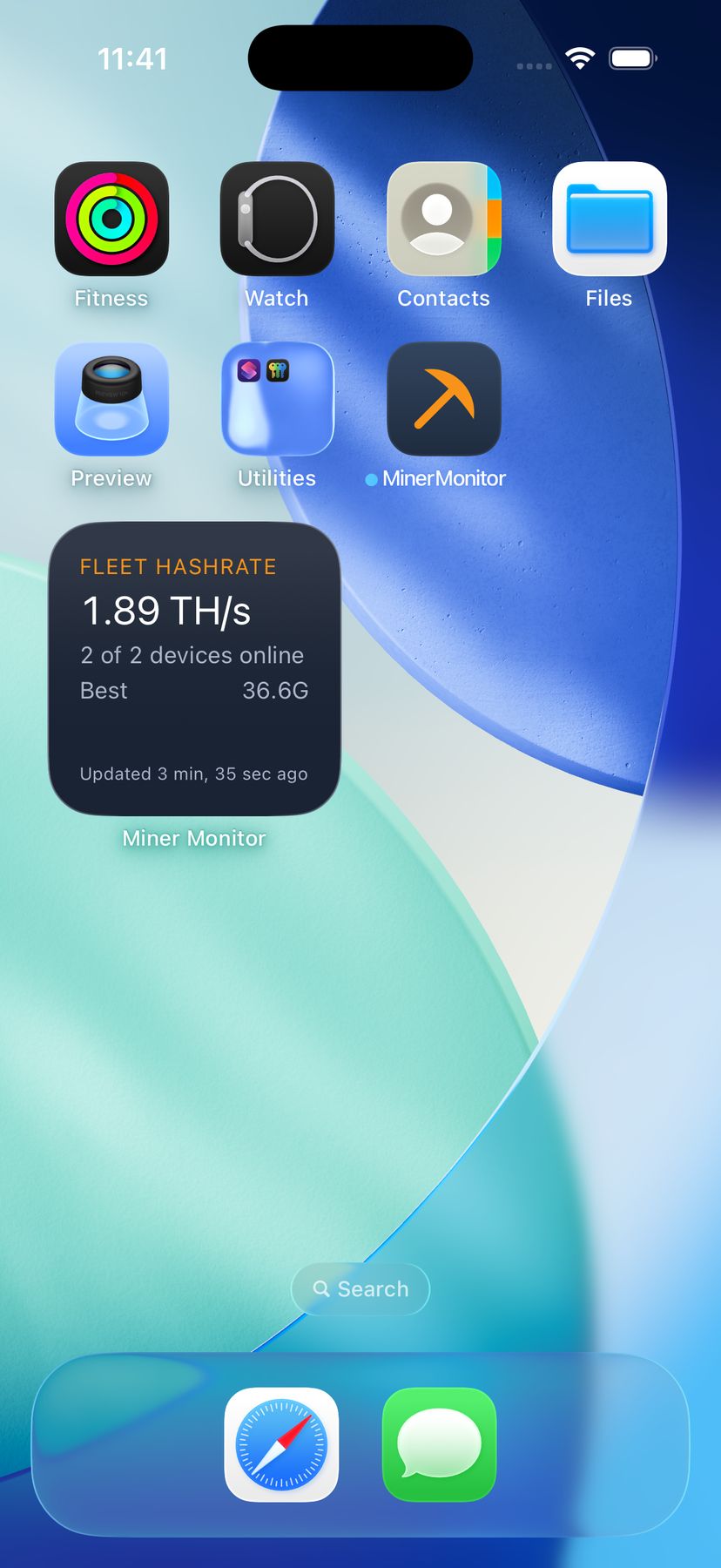 An iPhone Home Screen with the Miner Monitor widget showing a fleet hashrate of 1.89 TH/s, two of two devices online, and a best difficulty of 36.6G.