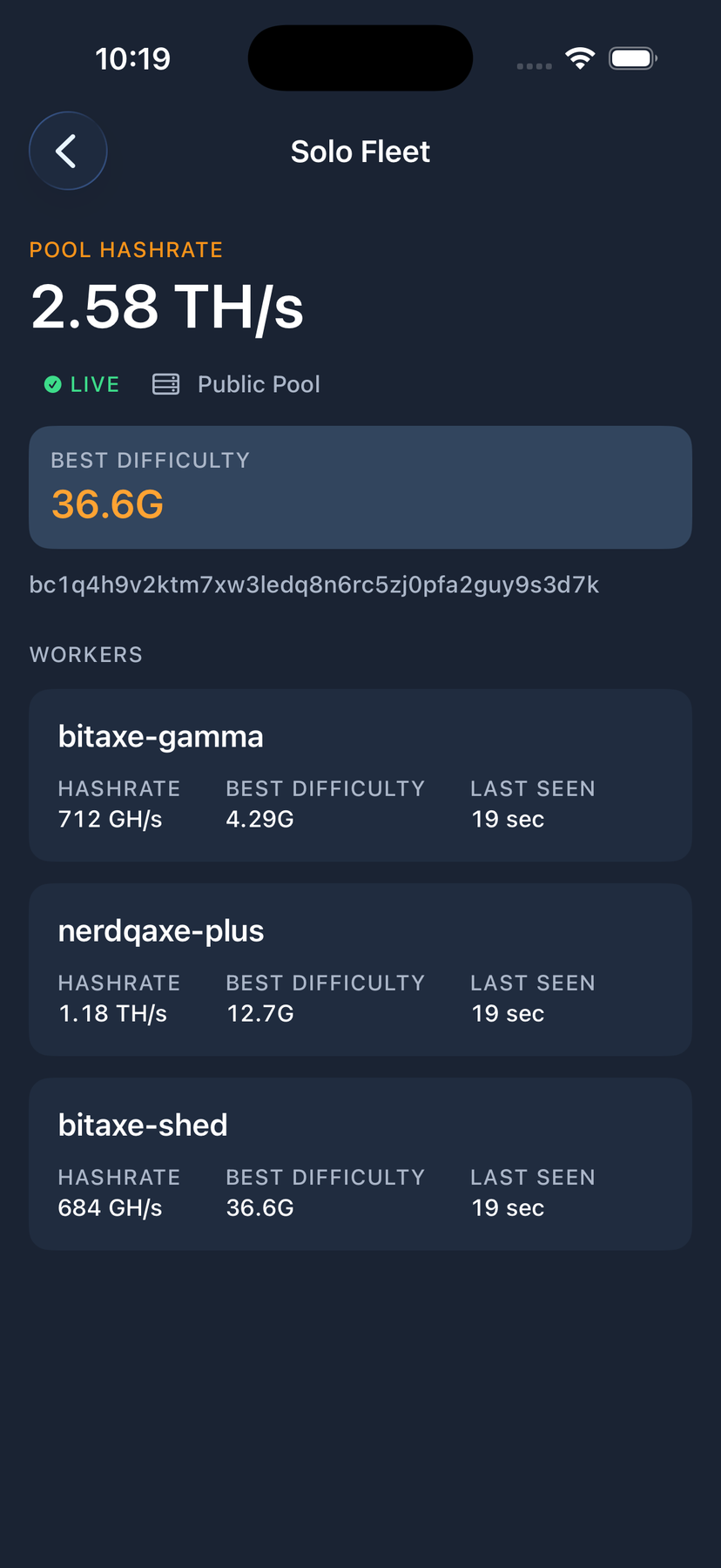 Solo Fleet pool detail: 2.58 TH/s pool hashrate, best difficulty 36.6G, and a worker list showing bitaxe-gamma, nerdqaxe-plus and bitaxe-shed with hashrate, best difficulty and last seen.