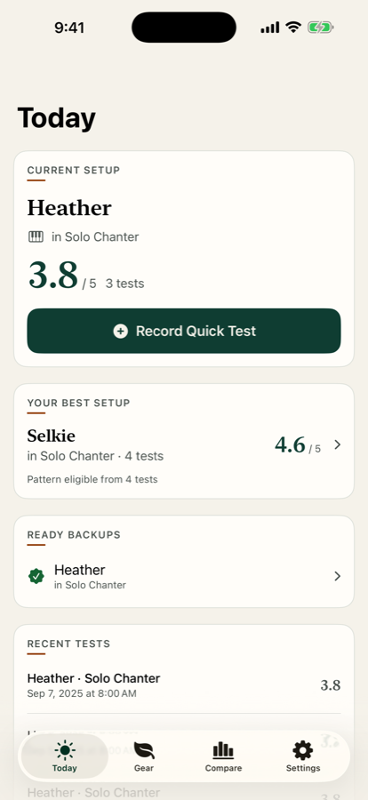 ReedFit Today screen showing the current setup scoring 3.8 out of 5, a best setup at 4.6, and a Ready backup.