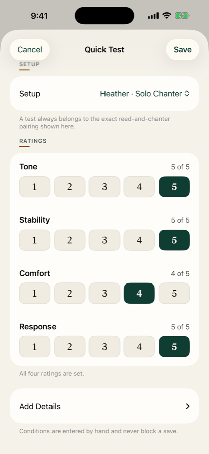 Quick Test screen with tone, stability, comfort, and response all rated.
