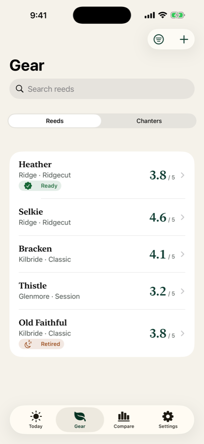 Gear screen listing five reeds with their scores, a Ready chip, and a Retired chip.