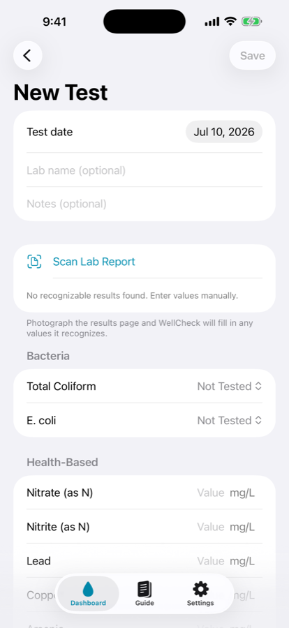 New Test form with a Scan Lab Report button above fields for bacteria and health-based parameters.